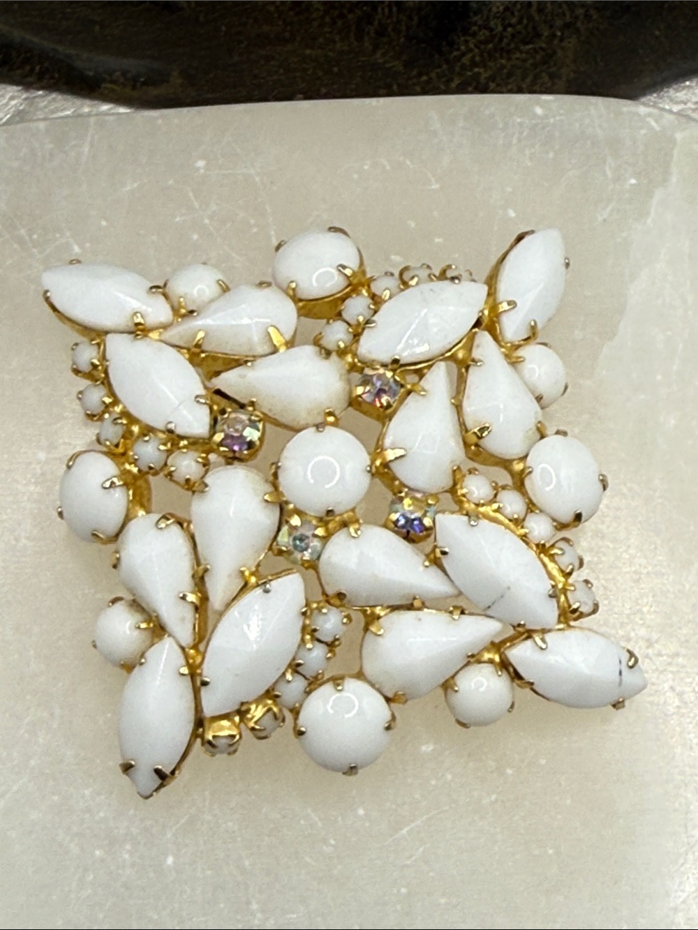 Vintage huge White milk glass Aurora Borealis Cluster Statement pin brooch